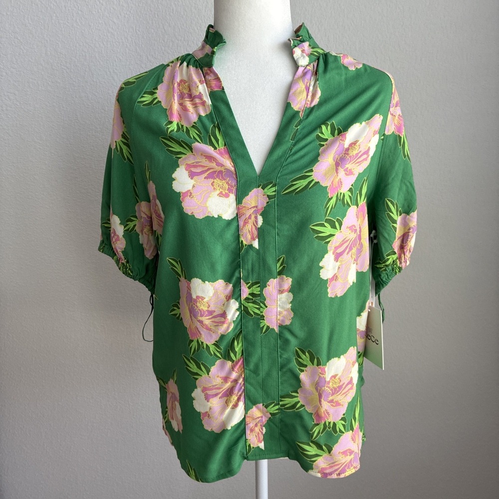 CeCe Peony Blooms Green Pink Floral Ruffle Neck Puff Sleeve Blouse Small Garden